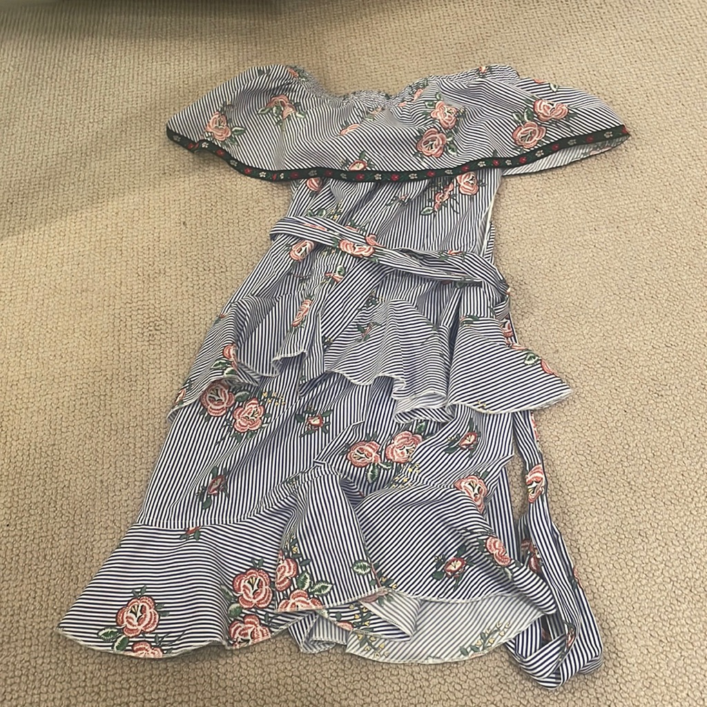 Small Floral Printed Off Shoulder Ruffle Belted Spring Summer Mini Dress
